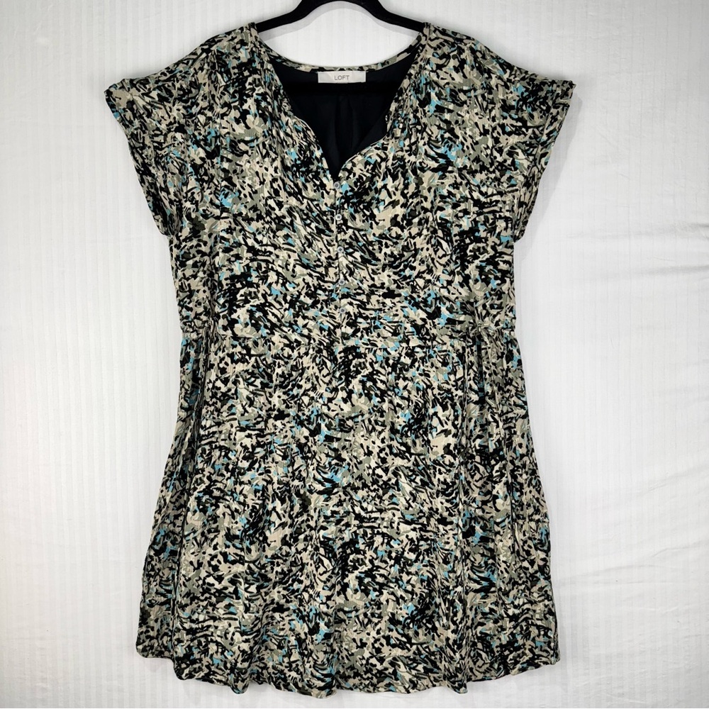 LOFT Ann Taylor Black Ditsy Floral Mini Dress Drawstring Waist Fits like an XL